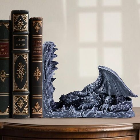 نهايات كتب التنين القوطية العتيقة، نهايات كتب التنين المزخرفة، نهايات كتب خيالية فريدة من نوعها للكتب الثقيلة، تماثيل تنين خيالية للحيوانات، ديكور رف كتب التنين لمكتب المكتب المنزلي (أبيض) in Kuwait