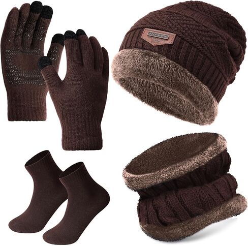 4 Pcs Winter Knit Beanie Hat Neck Warmer Scarf Touch Screen Gloves and Sock Set Fleece Lined Skull Cap for Men Women in Saudi Arabia
