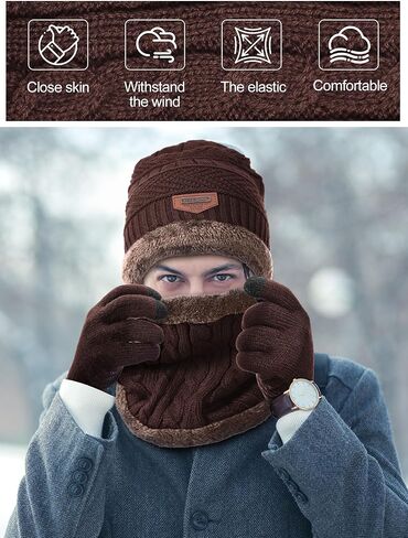 4 Pcs Winter Knit Beanie Hat Neck Warmer Scarf Touch Screen Gloves and Sock Set Fleece Lined Skull Cap for Men Women in Saudi Arabia