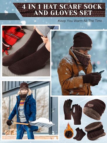 4 Pcs Winter Knit Beanie Hat Neck Warmer Scarf Touch Screen Gloves and Sock Set Fleece Lined Skull Cap for Men Women in Saudi Arabia