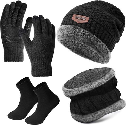 4 Pcs Winter Knit Beanie Hat Neck Warmer Scarf Touch Screen Gloves and Sock Set Fleece Lined Skull Cap for Men Women in Saudi Arabia