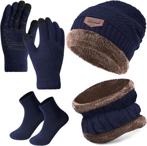 4 Pcs Winter Knit Beanie Hat Neck Warmer Scarf Touch Screen Gloves and Sock Set Fleece Lined Skull Cap for Men Women in Saudi Arabia