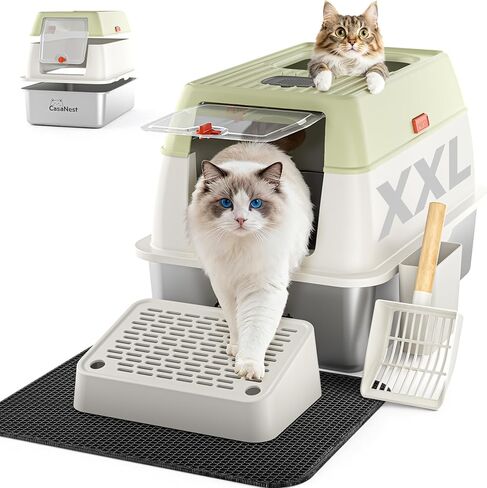 XL Extra Large Stains Steel Cat Box with LID ، 3 in-1 مرفق/مفتوح ، صندوق فضلات معدني متين للقطط الكبيرة ، متعددة ، لا توجد عصا ، تشمل السبل ، حصيرة ، التحكم في الرائحة ، التنظيف السهل ، الأخضر in Saudi Arabia