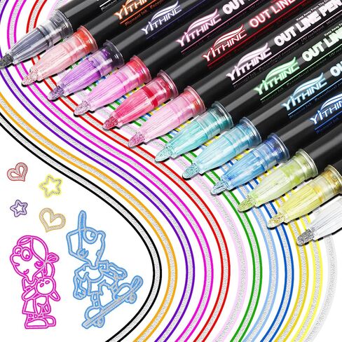 Outline Shimmer Markers, 12 Glitter Metallic Coloring Doodle Gel Pens, Tween Teen Girl Easter Basket Stuffers Gifts Trendy Stuff, Cute School Art Craft Classroom Supplies Set for Kids Ages 4-16 in Saudi Arabia