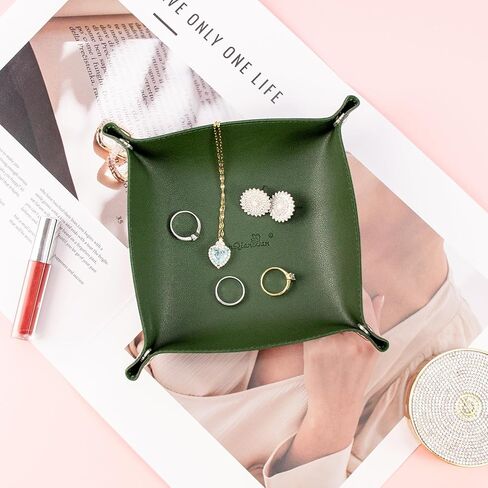 SANQIANWAN PU Leather Arc Edge Jewelry Valet Tray for Man and Women, Portable Mini Entryway Table Tray Bedside Nightstand Desk Tray Small Travel Dish Plate for Key,Wallet,Watch,Coin (DarkGreen) in Saudi Arabia