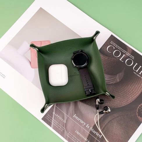 SANQIANWAN PU Leather Arc Edge Jewelry Valet Tray for Man and Women, Portable Mini Entryway Table Tray Bedside Nightstand Desk Tray Small Travel Dish Plate for Key,Wallet,Watch,Coin (DarkGreen) in Saudi Arabia