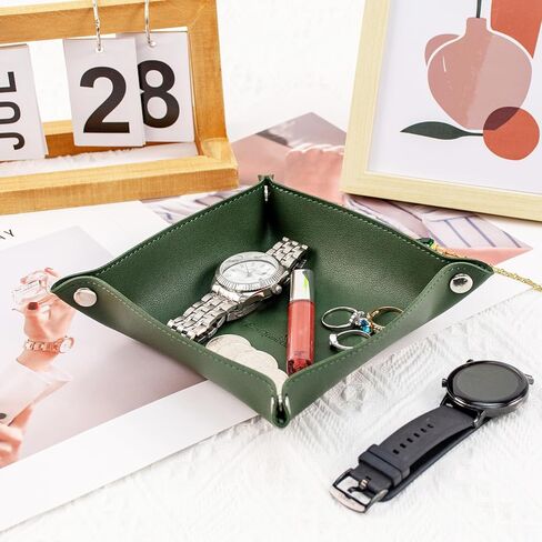 SANQIANWAN PU Leather Arc Edge Jewelry Valet Tray for Man and Women, Portable Mini Entryway Table Tray Bedside Nightstand Desk Tray Small Travel Dish Plate for Key,Wallet,Watch,Coin (DarkGreen) in Saudi Arabia