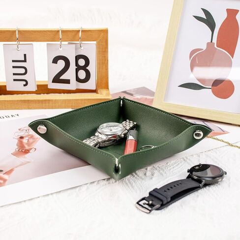 SANQIANWAN PU Leather Arc Edge Jewelry Valet Tray for Man and Women, Portable Mini Entryway Table Tray Bedside Nightstand Desk Tray Small Travel Dish Plate for Key,Wallet,Watch,Coin (DarkGreen) in Saudi Arabia