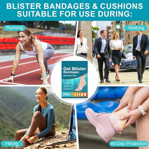 Gel Blister Bandages for Feet, 30pcs Blister Hydrocolloid Bandage Cushions for Prevention, Waterproof Adhesive Blisters Bandaids Pads Protect Heel &Toe from Rubbing Shoes in Saudi Arabia