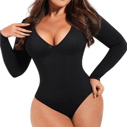 Tummy Control Shapewear Bodysuit for Women Long Sleeve Deep V Neck Compression Bodysuit Built-Shapewear in Saudi Arabia