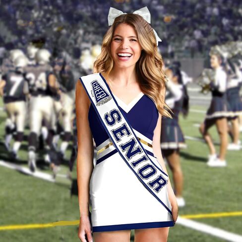 Senior Cheer Sash - Ribbon Edge Navy Sparkle with Silver Outline Cheer Senior White Satin Sash - Cheerleading Outfit (RbnCheer NVY w/SLV) WHT in Saudi Arabia