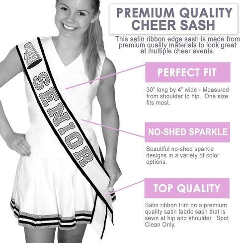 Senior Cheer Sash - Ribbon Edge Navy Sparkle with Silver Outline Cheer Senior White Satin Sash - Cheerleading Outfit (RbnCheer NVY w/SLV) WHT in Saudi Arabia