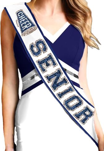 Senior Cheer Sash - Ribbon Edge Navy Sparkle with Silver Outline Cheer Senior White Satin Sash - Cheerleading Outfit (RbnCheer NVY w/SLV) WHT in Saudi Arabia