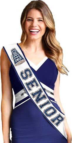 Senior Cheer Sash - Ribbon Edge Navy Sparkle with Silver Outline Cheer Senior White Satin Sash - Cheerleading Outfit (RbnCheer NVY w/SLV) WHT in Saudi Arabia