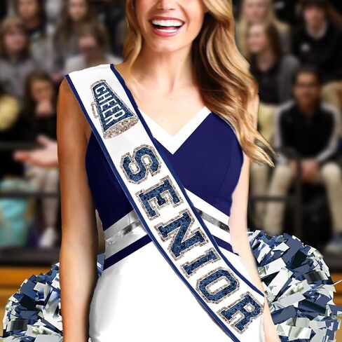 Senior Cheer Sash - Ribbon Edge Navy Sparkle with Silver Outline Cheer Senior White Satin Sash - Cheerleading Outfit (RbnCheer NVY w/SLV) WHT in Saudi Arabia