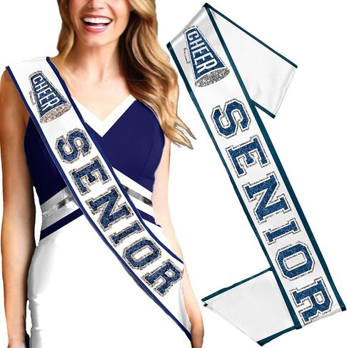 Senior Cheer Sash - Ribbon Edge Navy Sparkle with Silver Outline Cheer Senior White Satin Sash - Cheerleading Outfit (RbnCheer NVY w/SLV) WHT in Saudi Arabia