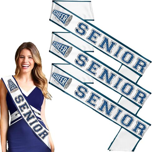 Senior Cheer Sash - Ribbon Edge Navy Sparkle with Silver Outline Cheer Senior White Satin Sash - Cheerleading Outfit (RbnCheer NVY w/SLV) WHT in Saudi Arabia
