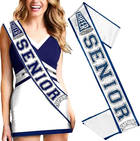 Senior Cheer Sash - Ribbon Edge Navy Sparkle with Silver Outline Cheer Senior White Satin Sash - Cheerleading Outfit (RbnCheer NVY w/SLV) WHT in Saudi Arabia