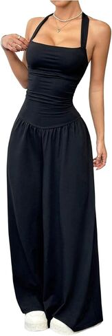 Verdusa Women's Tie Back Wide Leg Jumpsuits Ruched Sleeveless Halter One Piece Brunch Outfits in Saudi Arabia