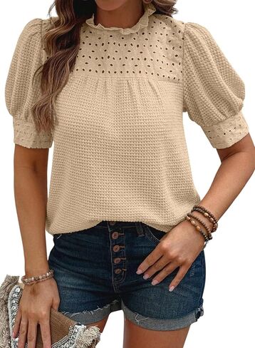 EVALESS Womens Tops Blouses for Women Dressy Casual Waffle Frill Trim Eyelet Embroidery Mock Neck Puff Sleeves Shirts in Saudi Arabia