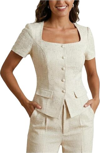 Women's Button Down Square Neck Blouse Elegant Short Sleeve Business Casual Tops in Saudi Arabia