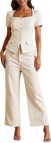 Women's Button Down Square Neck Blouse Elegant Short Sleeve Business Casual Tops in Saudi Arabia