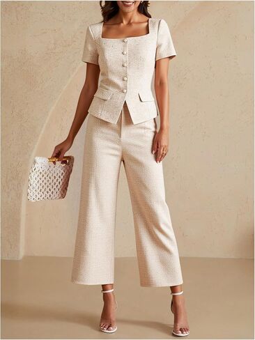 Women's Button Down Square Neck Blouse Elegant Short Sleeve Business Casual Tops in Saudi Arabia