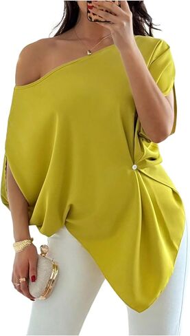 GORGLITTER Women's Off The Shoulder Asymmetrical Tops Dressy Dolman Sleeve Ruched Going Out Blouse Poncho Shirts in Saudi Arabia