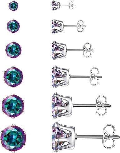Stainless Steel Stud Earrings Round Fancy Colored Cubic Zirconia Ear Studs for Women and Men Sensitive Ears Nickel Free CZ Stud Earrings Set Hypoallergenic Cubic Zirconia Earrings, 6 Pairs in Saudi Arabia