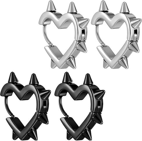 2 Pairs of Spike Earrings for Women, Stainless Steel Hoop Spike Heart Earring, Silver and Black Punk Gothic Earrings for Women Men in Saudi Arabia