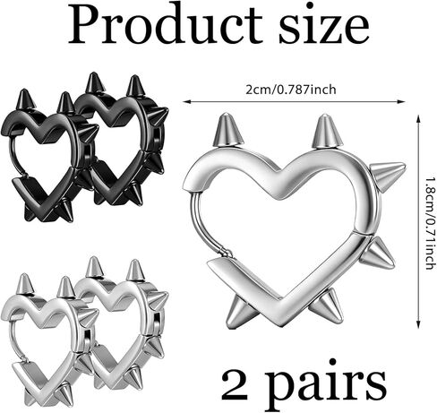 2 Pairs of Spike Earrings for Women, Stainless Steel Hoop Spike Heart Earring, Silver and Black Punk Gothic Earrings for Women Men in Saudi Arabia