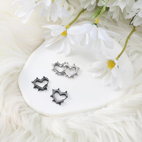 2 Pairs of Spike Earrings for Women, Stainless Steel Hoop Spike Heart Earring, Silver and Black Punk Gothic Earrings for Women Men in Saudi Arabia