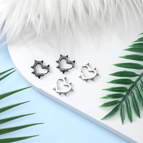 2 Pairs of Spike Earrings for Women, Stainless Steel Hoop Spike Heart Earring, Silver and Black Punk Gothic Earrings for Women Men in Saudi Arabia