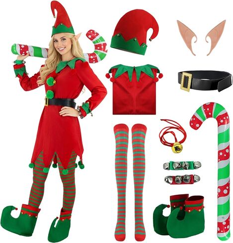 9pcs Women Christmas Elf Costume Velvet Dress Santa's Helper Cospaly Outfits Elf Hat Ears Shoes Socks Belt Cane Set in Saudi Arabia