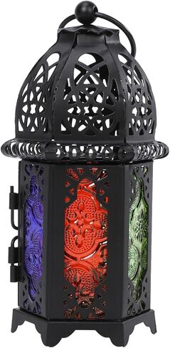 6.7'' Moroccan Lanterns Decorative Indoor & Outdoor Vintage Candle Holder Hanging Tabletop Metal Ramadan Lanterns with Six Color Glasses for Home Patio Porch Decor (Black) in Saudi Arabia