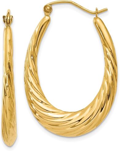 14K Yellow Gold Textured Oval Shape Hoop Earrings, 35mm in Saudi Arabia