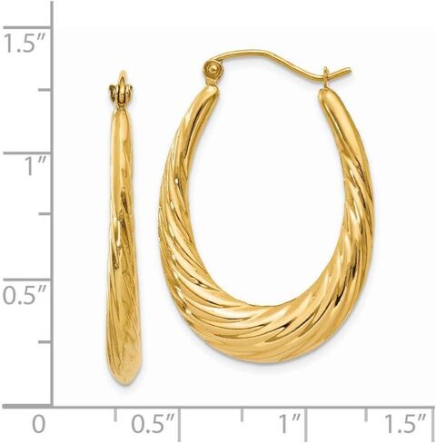14K Yellow Gold Textured Oval Shape Hoop Earrings, 35mm in Saudi Arabia