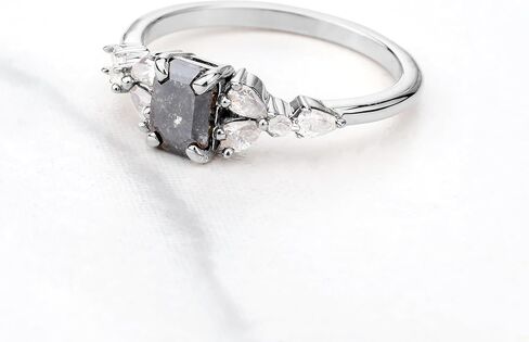 925 Sterling Silver Emerald Cut Black Natural Rustic Salt and Pepper Diamond Engagement Ring for Women Pear Moissanite Promise Statement Ring Size 4 to 10 in Saudi Arabia
