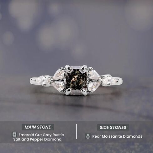 925 Sterling Silver Emerald Cut Black Natural Rustic Salt and Pepper Diamond Engagement Ring for Women Pear Moissanite Promise Statement Ring Size 4 to 10 in Saudi Arabia