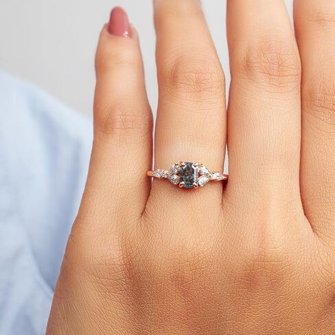 925 Sterling Silver Emerald Cut Black Natural Rustic Salt and Pepper Diamond Engagement Ring for Women Pear Moissanite Promise Statement Ring Size 4 to 10 in Saudi Arabia
