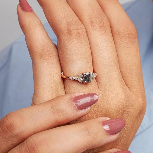 925 Sterling Silver Emerald Cut Black Natural Rustic Salt and Pepper Diamond Engagement Ring for Women Pear Moissanite Promise Statement Ring Size 4 to 10 in Saudi Arabia