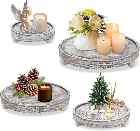 Set of 4 Wooden Candle Plate Holder Tray Riser, Wood Pillar Tealight Candle Holder Farmhouse Coffee Table Centrepiece Decorative Tray for Home Thanksgiving Wedding Xmas Decor Table Decorations in Saudi Arabia
