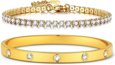 2PCS Gold Bracelets for Women, 18K Gold Plated Love Friendship Bangle Bracelet Set, Adjustment CZ Tennis Bracelet Stack Non Tarnish, Dainty Waterproof Jewelry for Yourself Lover Mom Friends in Saudi Arabia
