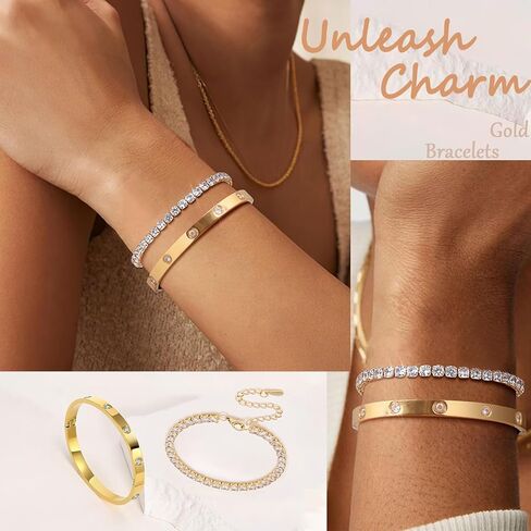 2PCS Gold Bracelets for Women, 18K Gold Plated Love Friendship Bangle Bracelet Set, Adjustment CZ Tennis Bracelet Stack Non Tarnish, Dainty Waterproof Jewelry for Yourself Lover Mom Friends in Saudi Arabia