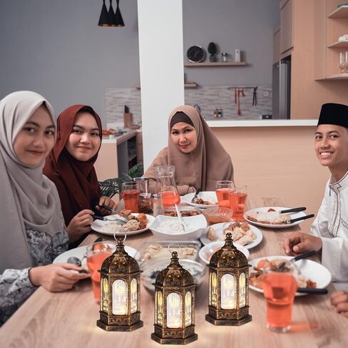 Threan 12 Pcs Ramadan Lantern Lights LED mini Eid Mubarak Lantern Gifts, Ramadan Decorations for Home Table Wall Eid Centerpieces Decor (Gold Moon Castle Meteor) in Saudi Arabia