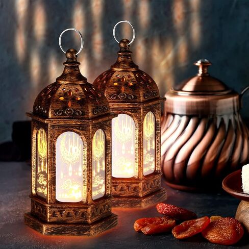 Threan 12 Pcs Ramadan Lantern Lights LED mini Eid Mubarak Lantern Gifts, Ramadan Decorations for Home Table Wall Eid Centerpieces Decor (Gold Moon Castle Meteor) in Saudi Arabia