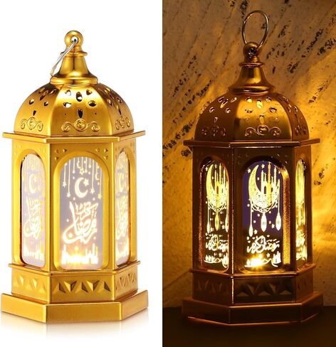 Threan 12 Pcs Ramadan Lantern Lights LED mini Eid Mubarak Lantern Gifts, Ramadan Decorations for Home Table Wall Eid Centerpieces Decor (Gold Moon Castle Meteor) in Saudi Arabia