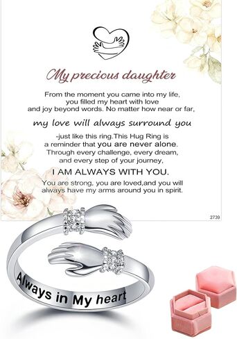 37JEWELRY خاتم عناق للابنة مع صندوق هدايا، حلقات من الفضة الإسترلينية بحجم قابل للتعديل مع رسالة في قلبي دائمًا، هدايا عيد ميلاد البنات من الأم والأب in Kuwait