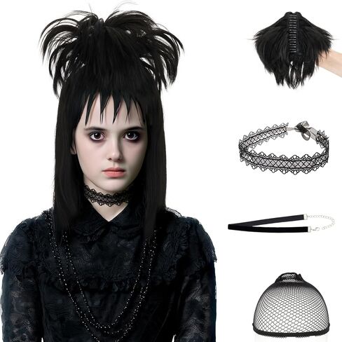 16" Lydia Deetz Wig with Bun and Choker, Black Black Synthetic Hair with Detachable Bun & Dual Chokers for Beetlejuice Gothic Bride Halloween Costume in Saudi Arabia