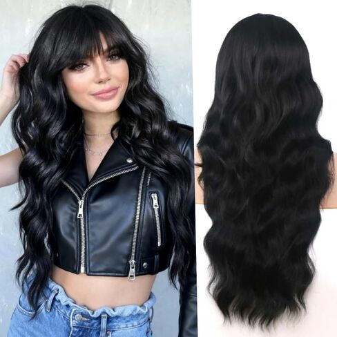 Black Wigs with Bangs for Women 26 Inch Black Wig Long Wavy Wigs With Bangs Curly Synthetic Wig Heat Resistant Synthetic Colorful Wavy Wigs Cosplay Wig in Saudi Arabia